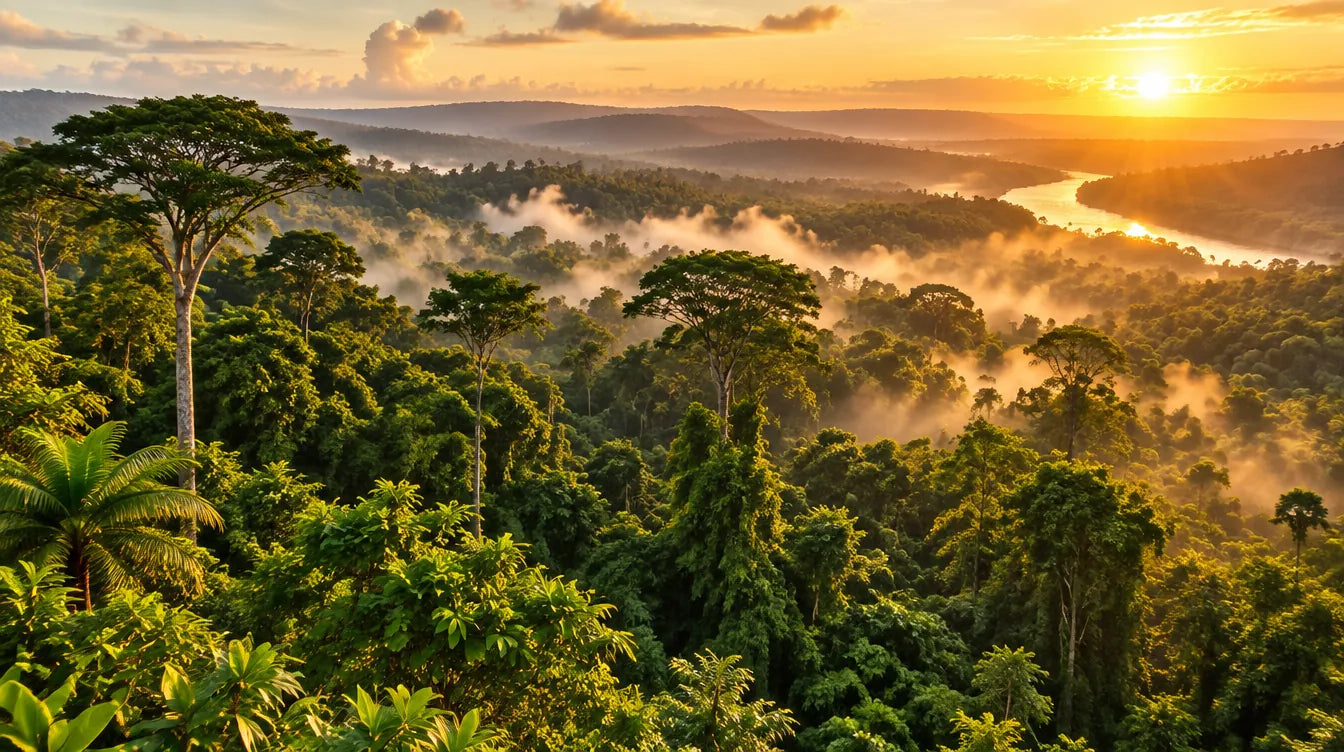 Misty West African rainforest canopy at sunrise with a river winding through the valley